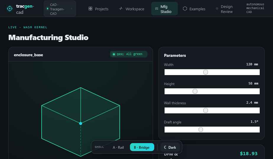 Tracgen-CAD manufacturing studio — parametric 3D enclosure